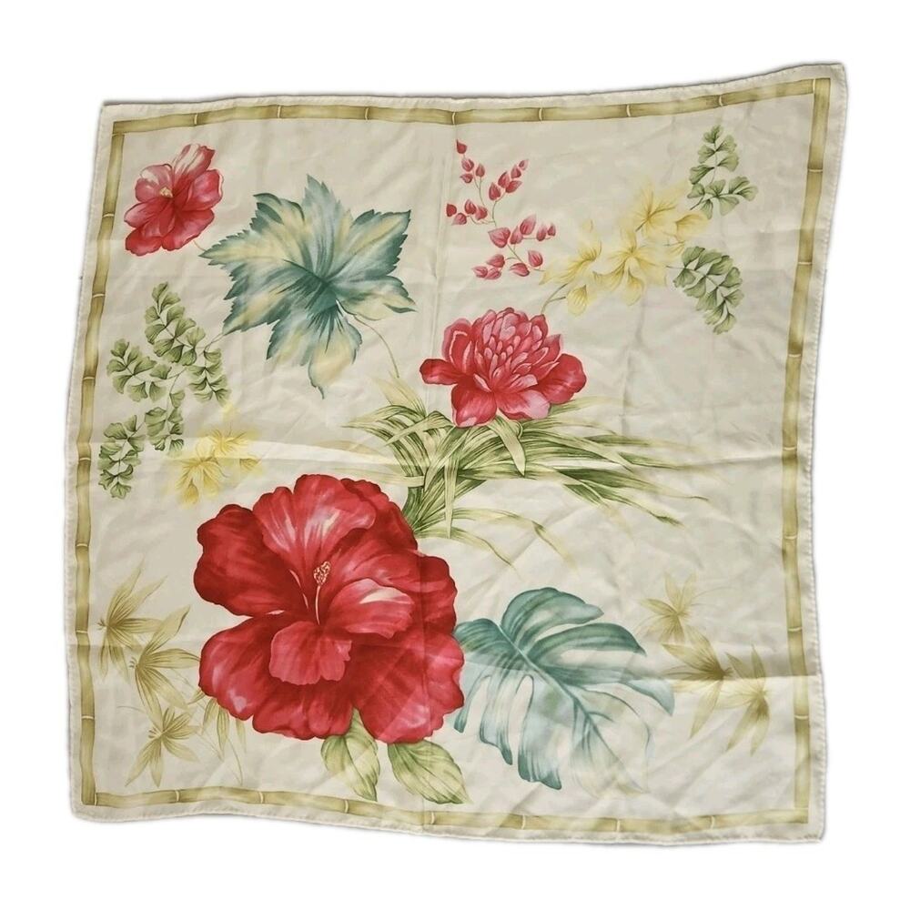 VTG Tropical Floral Silk Scarf 28x28 Hibiscus Bamboo Resort Square Cream